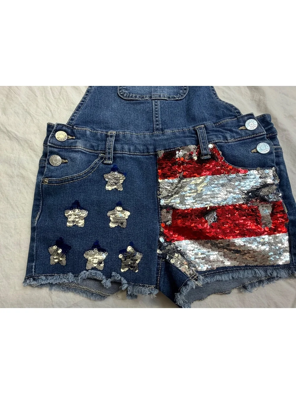 Justice Girls Size 10 Denim Shortalls Sequin Stars Striped Pocket Overalls